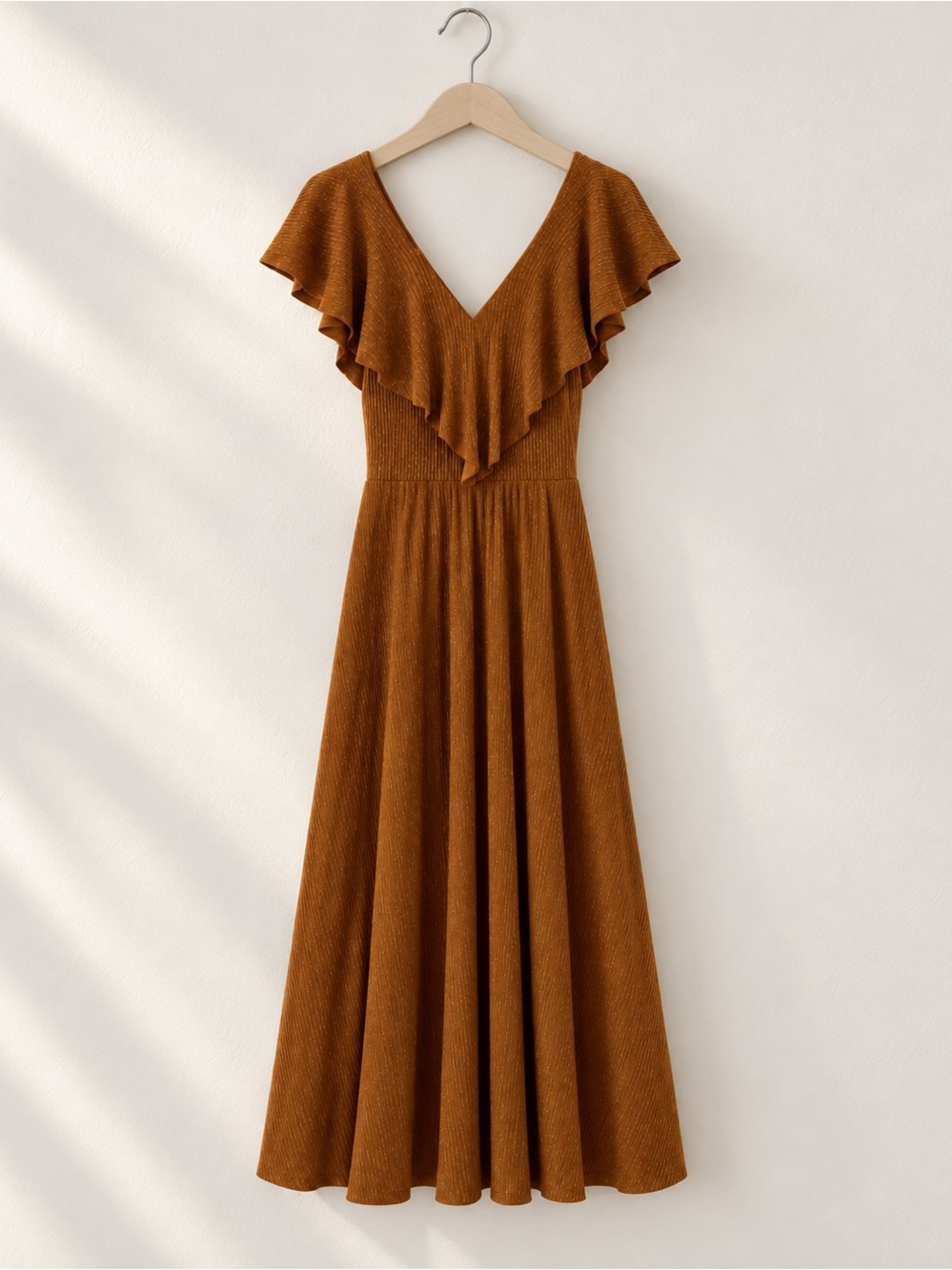 Gold Ruffle V-Neck Maxi Dress - Women